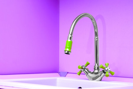 green kitchen sink faucet on a pink background