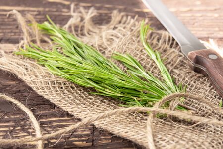 freshly cut rosemary on a jute fabric with a knifeの写真素材