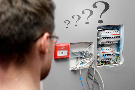 A man with glasses opposite the circuit breakers with wires and a router. Inexperienced electrical...