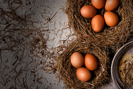 Chicken eggs in wicker nests in chicken coop top view. Natural organic eggs in the hay. Fresh...