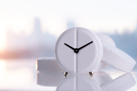 Alarm clock tablet on a white mirrored surface with copy space. Medicines with a clock on a...