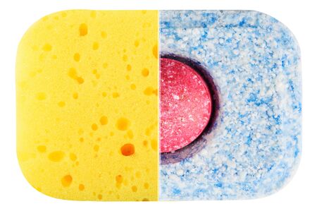 Dishwashing liquid close-up. Dishwasher tablet and yellow spongeの写真素材