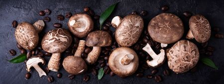 Shiitake mushrooms with coffee beans on a dark background. Top view. Coffee with mushrooms - superfood trend.の写真素材