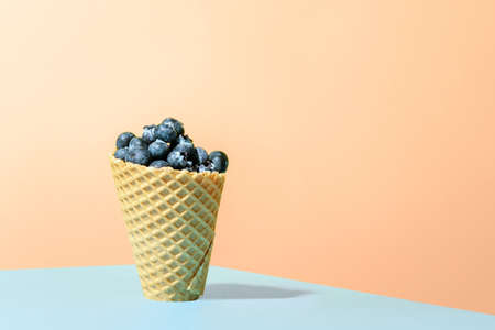 Frozen blueberries in waffle horn on orange background. Conceptual minimalism.の写真素材