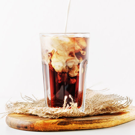 A glass of ice coffee with pouring cream on a white background.の写真素材