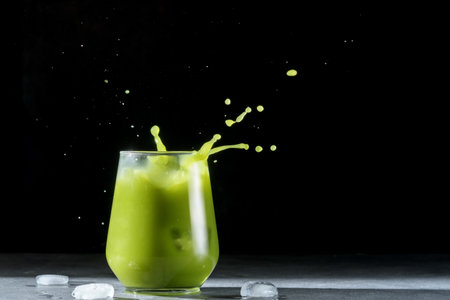 A glass of green cocktail with ice and splash on a dark background.の写真素材