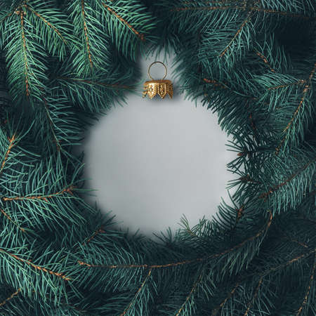Silhouette of a Christmas ball made of pine branches. Creative Christmas layout.の写真素材