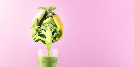 Creative vegetarian concept on a pink background. Set of fruits and vegetables for making smoothies.の写真素材