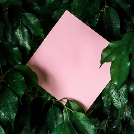 Creative wet tropical leaf layout with a pink note card. Natural leafy background.の写真素材
