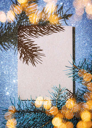 Christmas composition. Christmas card with Christmas tree shadows on glittery background.の写真素材