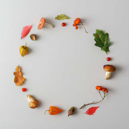 Minimalistic autumn wreath on gray background with copy space.の写真素材