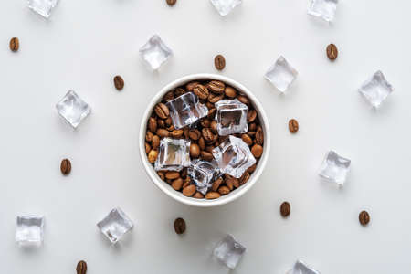 Creative concept of iced coffee on a gray background. Top view.の写真素材