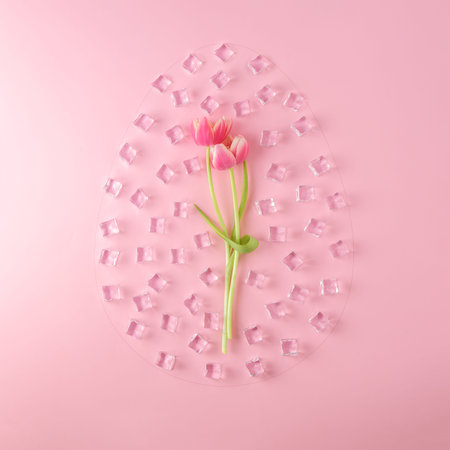 Creative Easter concept on a frisky background. Silhouette of an Easter egg made of ice cubes and...