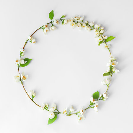 Floral spring layout on a white background. Wreath of jasmine flowers. top viewの写真素材