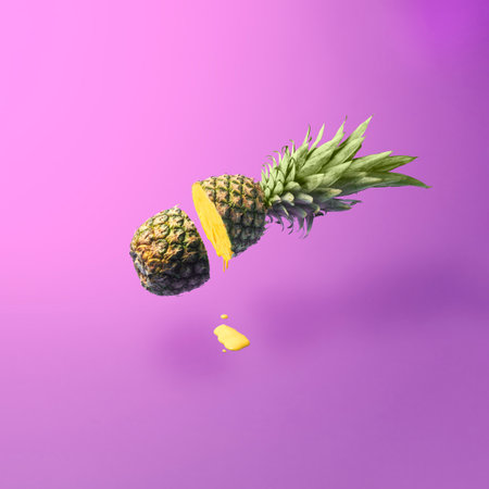 Cut pineapple with leaking paint on a purple background. creative fruit concept.の写真素材