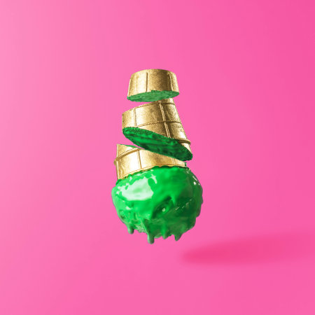 Vivid food concept on a bright pink background with copy space. Falling sliced green ice cream.の写真素材