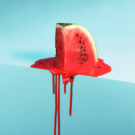 Melting watermelon slice on blue background with space for text. creative summer composition.
