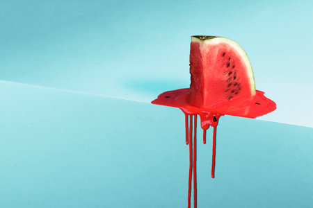 Melting watermelon slice on blue background with space for text. creative summer composition.の写真素材