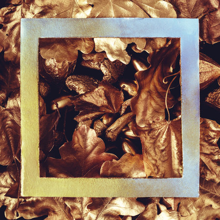 Creative autumn layout of golden leaves. top view.の写真素材