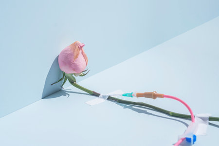 Creative concept of medical recovery or treatment. Languid rose with a medical drip on a blue background.の写真素材