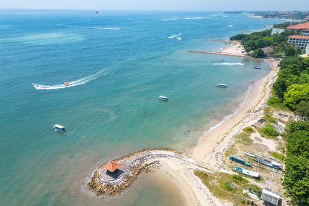 Aerial view of the seashore with hotels and boats in the sea.の写真素材