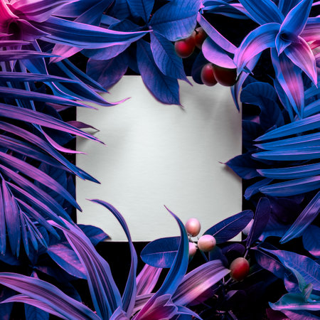 Creative fluorescent tropical leaf layout with a square note. Creative concept of nature.の写真素材