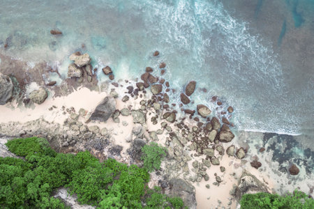 Aerial view of the rocky seashore at low tide.の写真素材