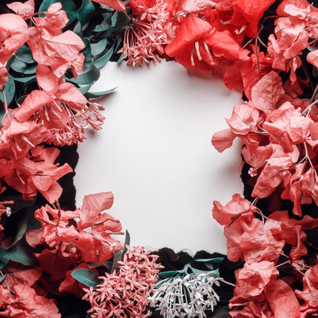 Creative floral layout of tropical flowers and plants with a white note for text.の写真素材