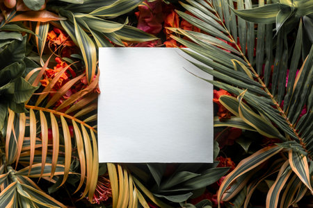 Tropical layout of pastel shades of tropical leaves and flowers with a square card.の写真素材