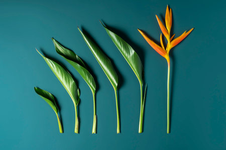 Bouquet of tropical flowers arranged in parts on a dark blue background. Tropical nature concept.の写真素材