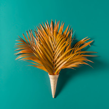 Creative summer or autumn concept. Palm leaves in a waffle cone on a blue background.の写真素材