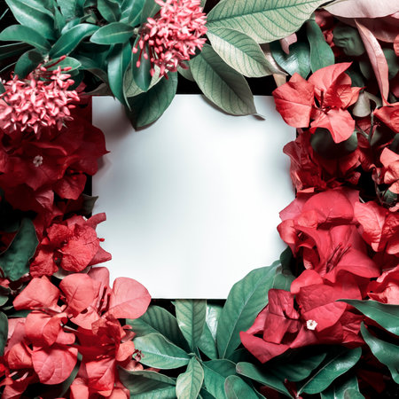 Creative floral layout of tropical flowers and plants with a white note for text.の写真素材