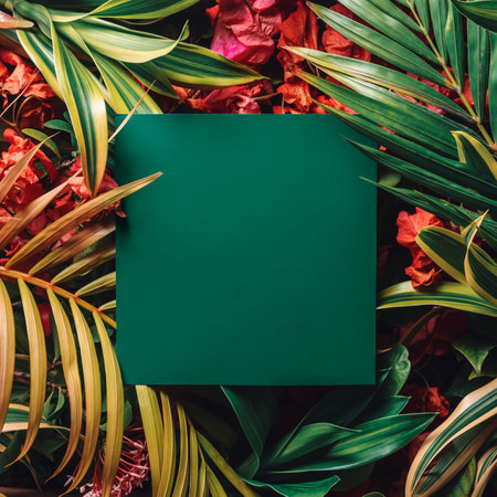 Tropical layout of pastel shades of tropical leaves and flowers with a square card.の写真素材