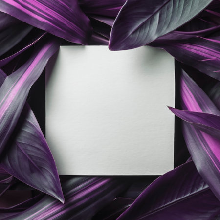 creative nature layout. Purple tropical leaves with a white square card.の写真素材