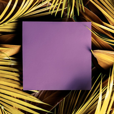 creative tropical layout. Yellow tropical tree leaves with purple square card.の写真素材