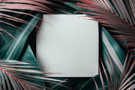 Creative natural tropical leaf layout with a white square card.の写真素材