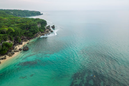 Aerial view of the seashore of Padang Padang Beach on Bali Island.の写真素材