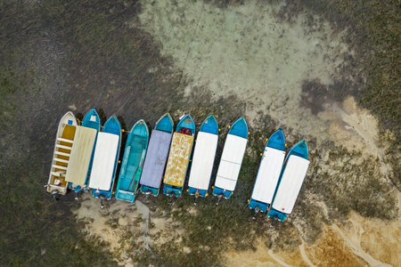 Aerial view of a row of fishing boats standing on the bottom at low tide.の写真素材