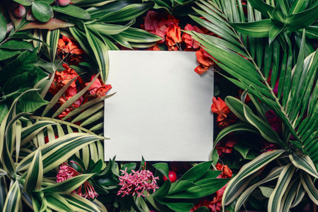 Creative tropical layout of leaves and flowers with a square note. natural concept.の写真素材