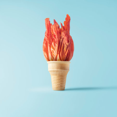 Ice cream cup with a fiery flower on top. Creative floral arrangement on a blue background.の写真素材