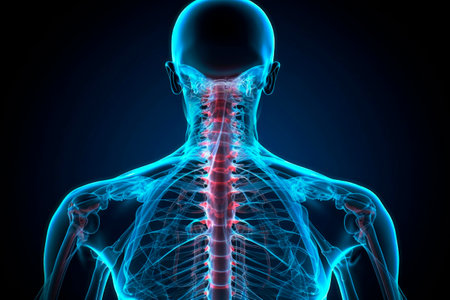 Hologram of a silhouette of a person with spinal pain. Generated by AI.の素材