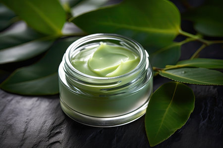 Open jar with natural natural cream. Concept of natural cosmetics. Generated by AI.の素材