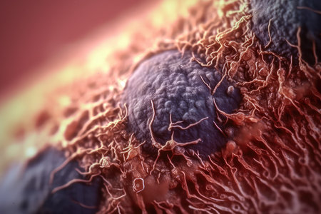 Image of a skin cancer virus under a microscope. Generated by AI.の素材