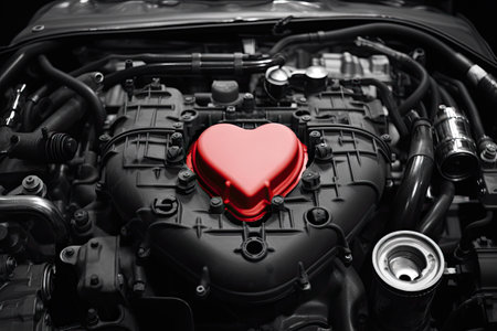 Creative concept for car care. Car engine with a red heart. generated AI.の素材