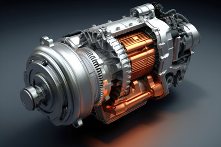 Modern electric motor of an electric car, close-up. Generated by A.I.の素材