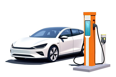 Illustration of an electric car and charging station. AI generated.の素材
