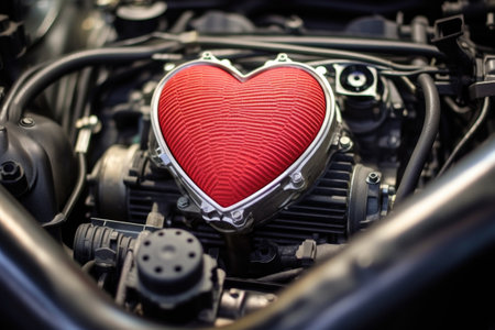 Creative concept for car care. Car engine with a red heart. generated AI.の素材