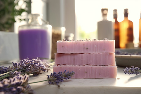 Natural lavender handmade soap on a light background. Generated by AI.の素材