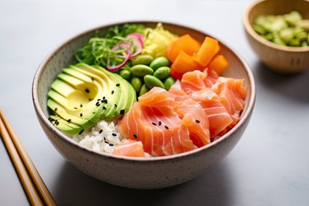 Poke bowl with red fish, avocado and greens, close-up. Generated by AI.の素材