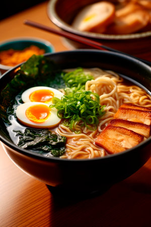 Traditional Japanese ramen bowl, close-up. Generated by AI.の素材